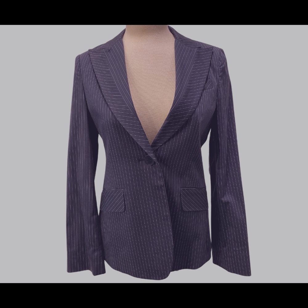 BCBG Maxazria pinstripe suit, navy & white, pants = size 4, jacket = Medium